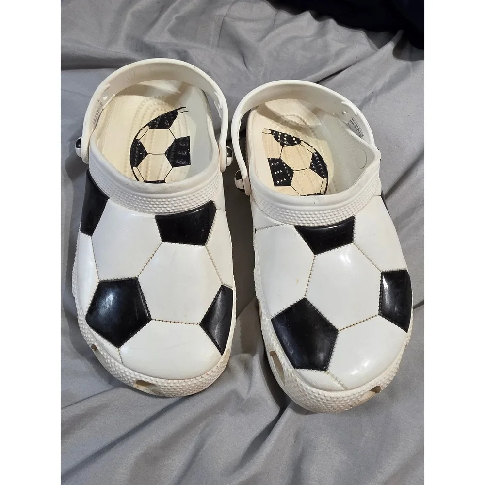 Crocs Classic Soccer Ball Print Clogs White Black Kids Size J6 Sport Shoes